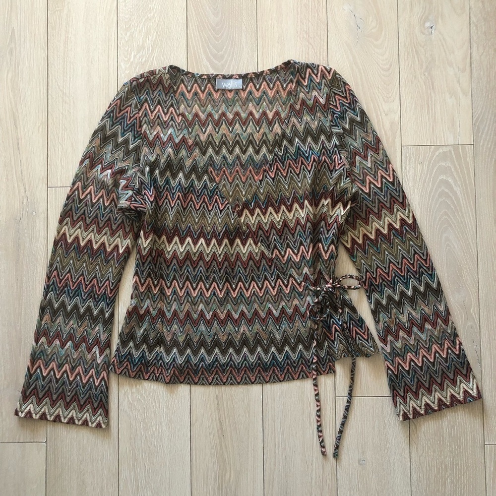 Wallis Faux Wrap Crochet Style Flare Long Sleeve Top Size 14